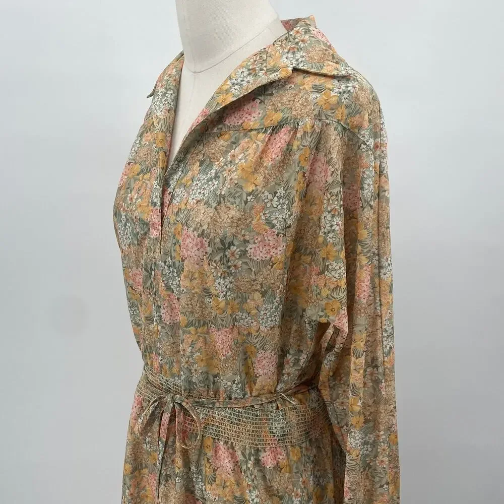 Vintage 70s Floral Print Shirtdress Long Sleeve Tie Waist Blouson Midi Dress M - Picture 5 of 11